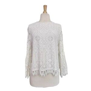 Worthington Soft Luxurious Cream Lace Bell Sleeve Blouse Top Women Sz M Boho